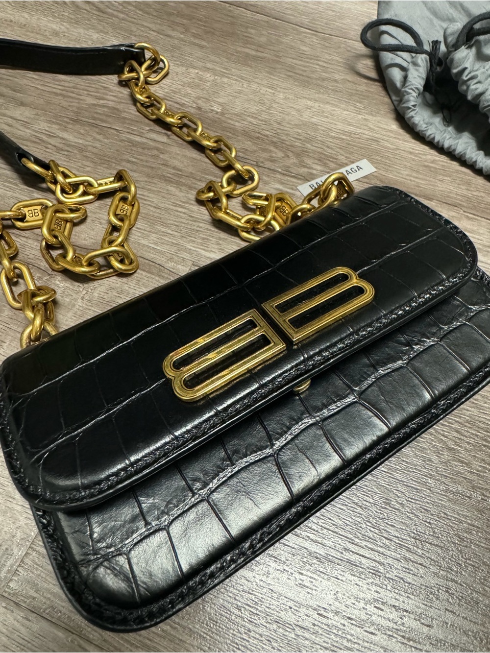 Balenciaga Black Croc-Embossed Shoulder Bag with Gold Chain